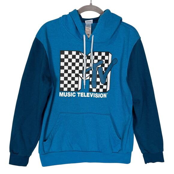 MTV Music Television Hoodie Mens Medium Blue Check Logo Drawstring Pullover - Picture 1 of 11